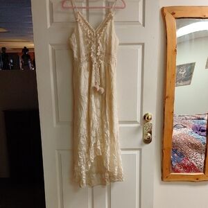 Cream Lace Maxi Dress with Pom Pom Tie